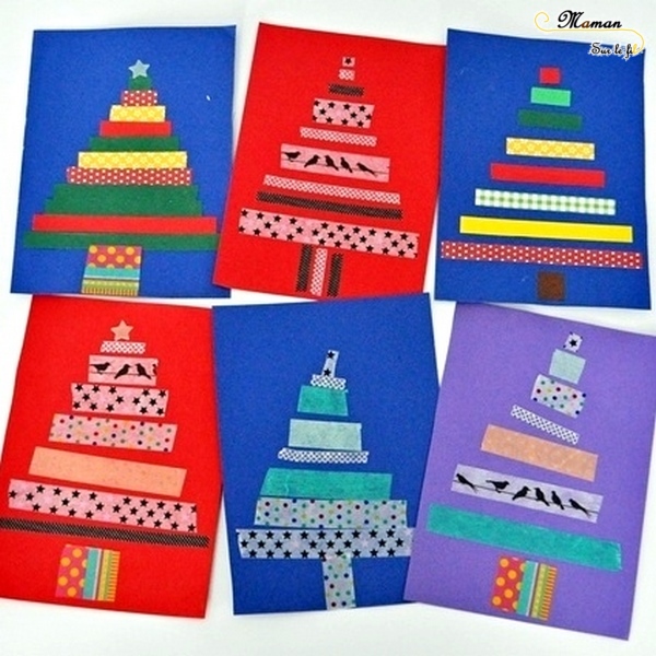 Activité enfants - cartes de voeux fait maison - DIY - Sapins en masking tape ou bandes de papier - tri par taille - maitresses ou famille - à offrir - noël - arts visuels maternelle fêtes de fin année - mslf