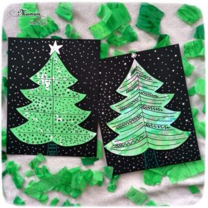 Activité manuelle enfant - Sapins graphiques en peinture au papier crépon vert - Déchirer, poser et mouiller - graphisme - activité créative libre - Décorer le sapin - Arts visuels maternelle Noël et Hiver - mslf