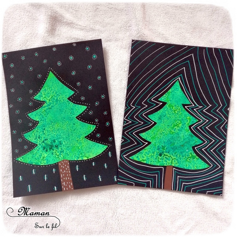 Activité enfant - Sapins avec encre et gros sel - Peinture, découpage, collage, graphisme - créative et manuelle - Arts visuels maternelle Noël et Hiver - mslf