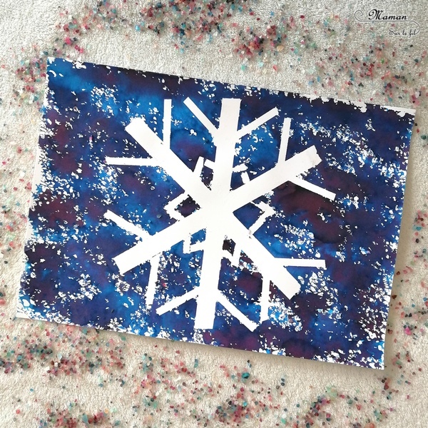 Activité créative enfants - Flocon de neige - Peinture ou encre à l'éponge et masking-tape - scotch décoratif - Froid polaire - bricolage - arts visuels hiver maternelle - mslf