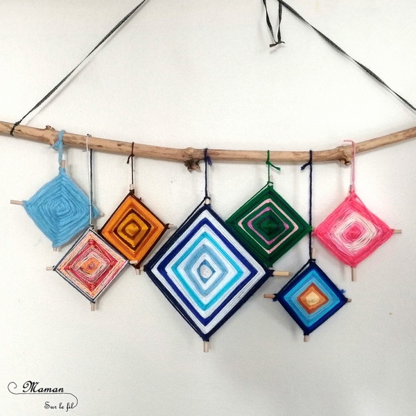 Activité créative enfants - Ojos de dios - Tissage mexicain débutant - Initiation - tutoriel facile - Bâtonnets en bois - Suspension 4 saisons - Couleurs - Motricité fine - Amérique du Nord et Mexique - Laine et Fil - Découverte d'un pays - Espace et géographie - bricolage - arts visuels Cycle 2 et 3 - Eté - mslf