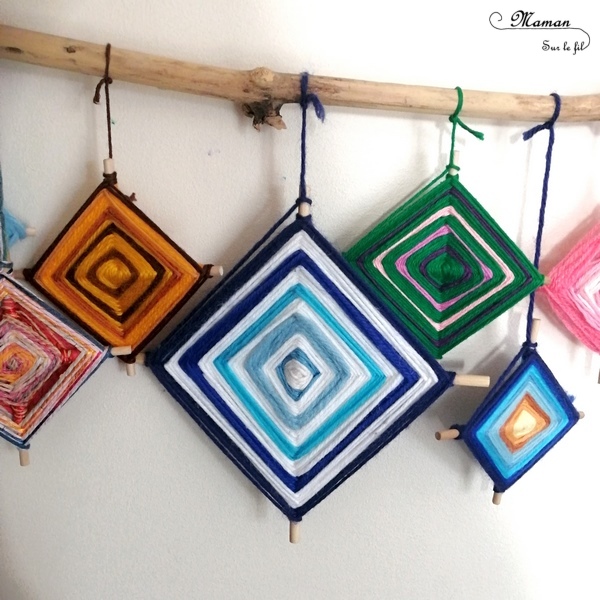 Activité créative enfants - Ojos de dios - Tissage mexicain débutant - Initiation - tutoriel facile - Bâtonnets en bois - Suspension 4 saisons - Couleurs - Motricité fine - Amérique du Nord et Mexique - Laine et Fil - Découverte d'un pays - Espace et géographie - bricolage - arts visuels Cycle 2 et 3 - Eté - mslf