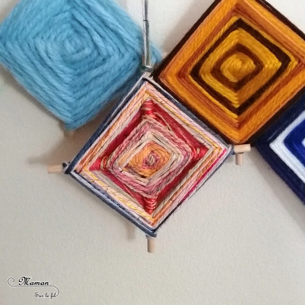 Activité créative enfants - Ojos de dios - Tissage mexicain débutant - Initiation - tutoriel facile - Bâtonnets en bois - Suspension 4 saisons - Couleurs - Motricité fine - Amérique du Nord et Mexique - Laine et Fil - Découverte d'un pays - Espace et géographie - bricolage - arts visuels Cycle 2 et 3 - Eté - mslf