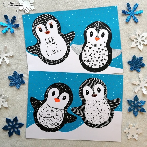 Activité manuelle enfant - Pingouins ou manchots graphiques sur la banquise - Neige - Papiers, collage, découpage - Graphisme en noir et blanc - créative et manuelle - Arts visuels maternelle Hiver et animaux du froid- mslf