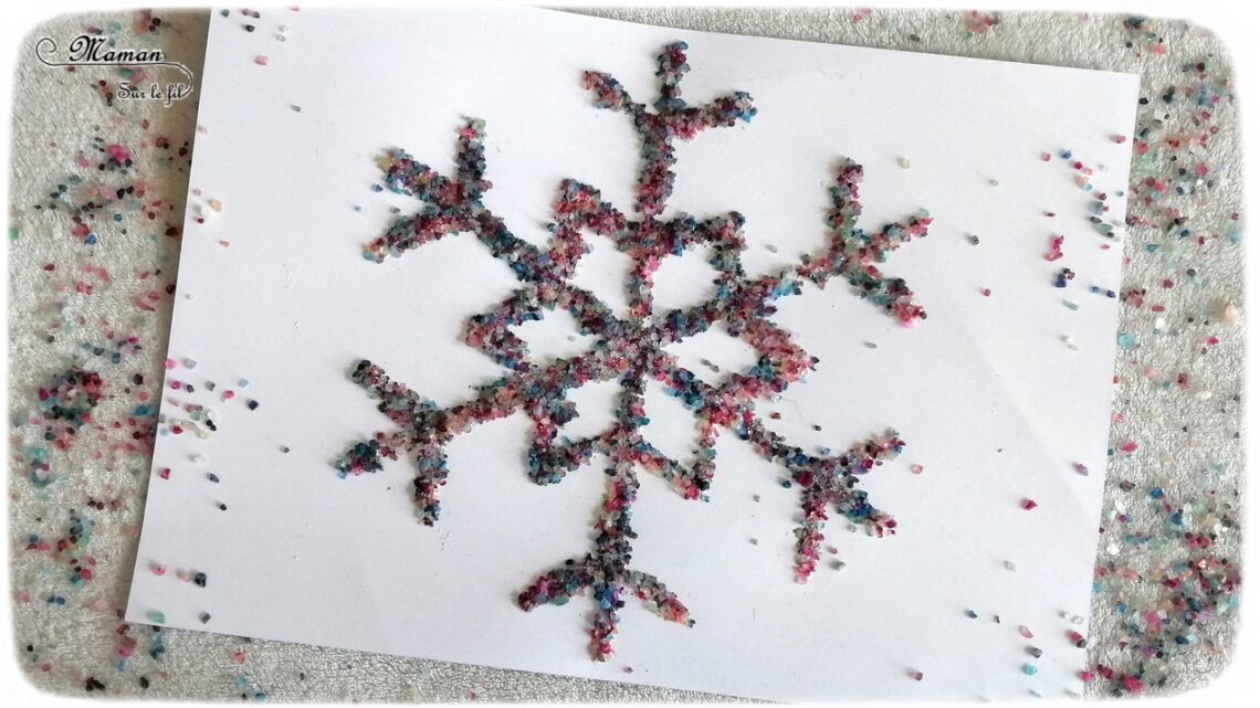 Activité créative enfants - créer un flocon de neige avec du gros sel coloré et de la colle - Collage et géométrie - travail des angles avec rapporteur et mesures avec une règle - relief et récup - Arts visuels - maternelle - cycles 2 et 3 - RV Sur Le Fil - Froid polaire - Hiver - mslf