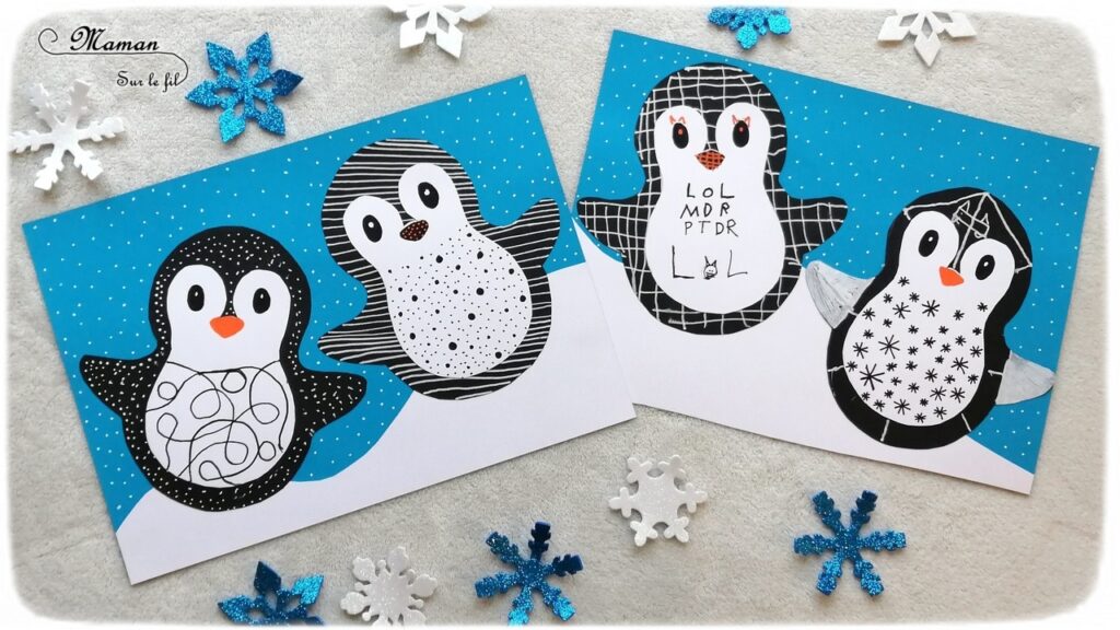 Activité manuelle enfant - Pingouins ou manchots graphiques sur la banquise - Neige - Papiers, collage, découpage - Graphisme en noir et blanc - créative et manuelle - Arts visuels maternelle Hiver et animaux du froid- mslf