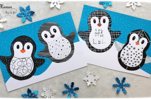 Activité manuelle enfant - Pingouins ou manchots graphiques sur la banquise - Neige - Papiers, collage, découpage - Graphisme en noir et blanc - créative et manuelle - Arts visuels maternelle Hiver et animaux du froid- mslf