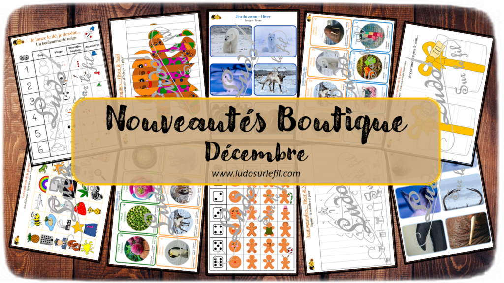 Nouveautés de décembre - Boutique en ligne Ludo sur le fil - fichiers jeux pdf à imprimer - Noël, hiver, phonologie cadeaux, jeu du zoom, 7 familles, je lance le dé je dessine, agamographes - arts visuels lecture maternelle et primaire - mslf