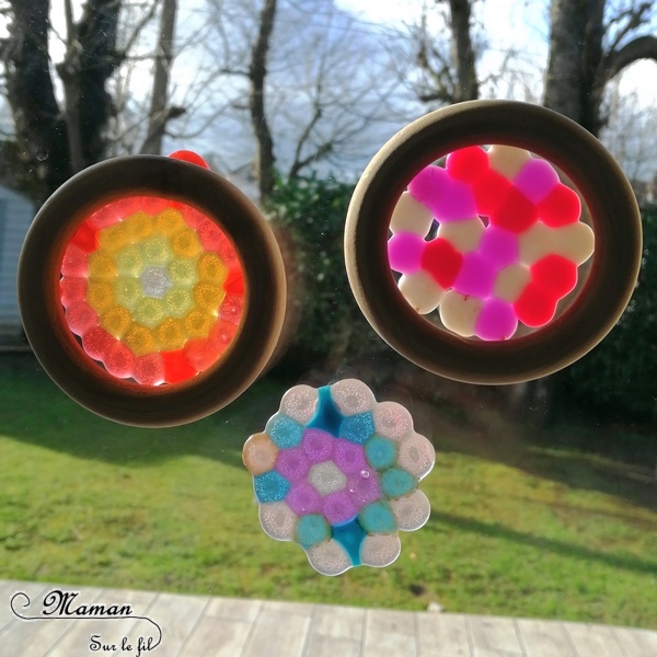 Activité créative enfants - Ojos de dios - Tissage mexicain revisité avec des perles fondues au four - perles de rocaille en plastique et perles hama à repasser - dans des anneaux en bois de rideaux - Mandalas ou libre - Amérique du Nord et Mexique - Découverte d'un pays - Espace et géographie - bricolage - arts visuels Cycle 1, 2 et 3 - Eté - mslf