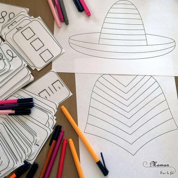 Activité créative enfants - Poncho et sombrero mexicain en graphisme - Dessine différents types de graphisme en piochant des cartes modèles - Répertoire graphique - Hasard Dessin - Motricité fine et prémices à l'écriture - Créativité - Amérique du Nord et Mexique - Découverte d'un pays - Espace et géographie - arts visuels et atelier maternelle et Cycle 1 et 2 - Eté - mslf