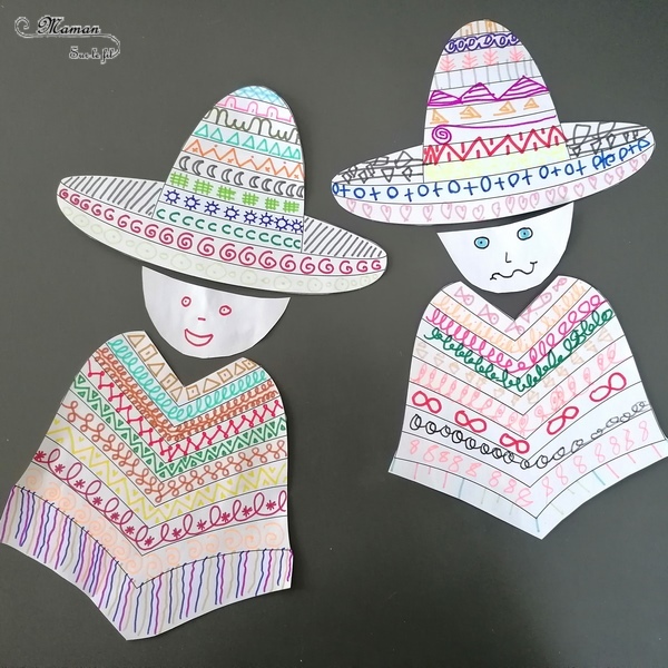 Activité créative enfants - Poncho et sombrero mexicain en graphisme - Dessine différents types de graphisme en piochant des cartes modèles - Répertoire graphique - Hasard Dessin - Motricité fine et prémices à l'écriture - Créativité - Amérique du Nord et Mexique - Découverte d'un pays - Espace et géographie - arts visuels et atelier maternelle et Cycle 1 et 2 - Eté - mslf