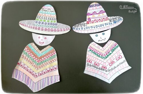 Activité créative enfants - Poncho et sombrero mexicain en graphisme - Dessine différents types de graphisme en piochant des cartes modèles - Répertoire graphique - Hasard Dessin - Motricité fine et prémices à l'écriture - Créativité - Amérique du Nord et Mexique - Découverte d'un pays - Espace et géographie - arts visuels et atelier maternelle et Cycle 1 et 2 - Eté - mslf