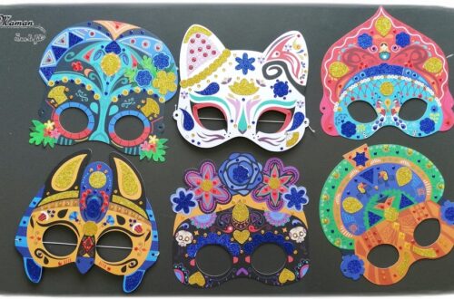 Activité enfants - Kit créatif - Pochette de 6 masque brillants de Gründ - Masques autour du monde à décorer avec des strass et des autocollants pailletés - Mexique, Russie, Japon, Egypte - Carnaval et Mardi-Gras - mslf