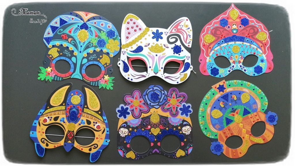 Activité enfants - Kit créatif - Pochette de 6 masque brillants de Gründ - Masques autour du monde à décorer avec des strass et des autocollants pailletés - Mexique, Russie, Japon, Egypte - Carnaval et Mardi-Gras - mslf