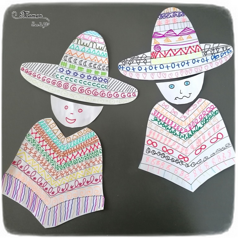 Activité créative enfants - Poncho et sombrero mexicain en graphisme - Dessine différents types de graphisme en piochant des cartes modèles - Répertoire graphique - Hasard Dessin - Motricité fine et prémices à l'écriture - Créativité - Amérique du Sud et Mexique - Découverte d'un pays - Espace et géographie - arts visuels et atelier maternelle et Cycle 1 et 2 - Eté - mslf