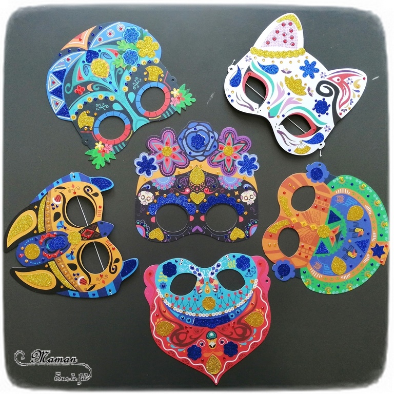 Activité enfants - Kit créatif - Pochette de 6 masque brillants de Gründ - Masques autour du monde à décorer avec des strass et des autocollants pailletés - Mexique, Russie, Japon, Egypte - Carnaval et Mardi-Gras - mslf