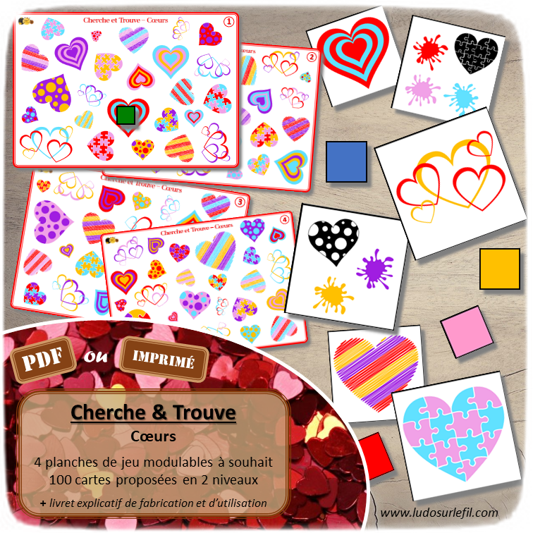 Cherche et Trouve - Lynx - Coeurs pour la Saint Valentin - 4 plateaux combinables de 25 images - 4 niveaux de jeu : 25, 50, 75 ou 100 images - Cartes à trouver en 2 niveaux : Images identiques ou codes Dessin + Couleurs - Document PDF à télécharger et imprimer ou jeu imprimé - discrimination visuelle, observation, rapidité - atelier maternelle et élémentaire - Cycles 1, 2 et 3 - Amour et Amitié - lslf