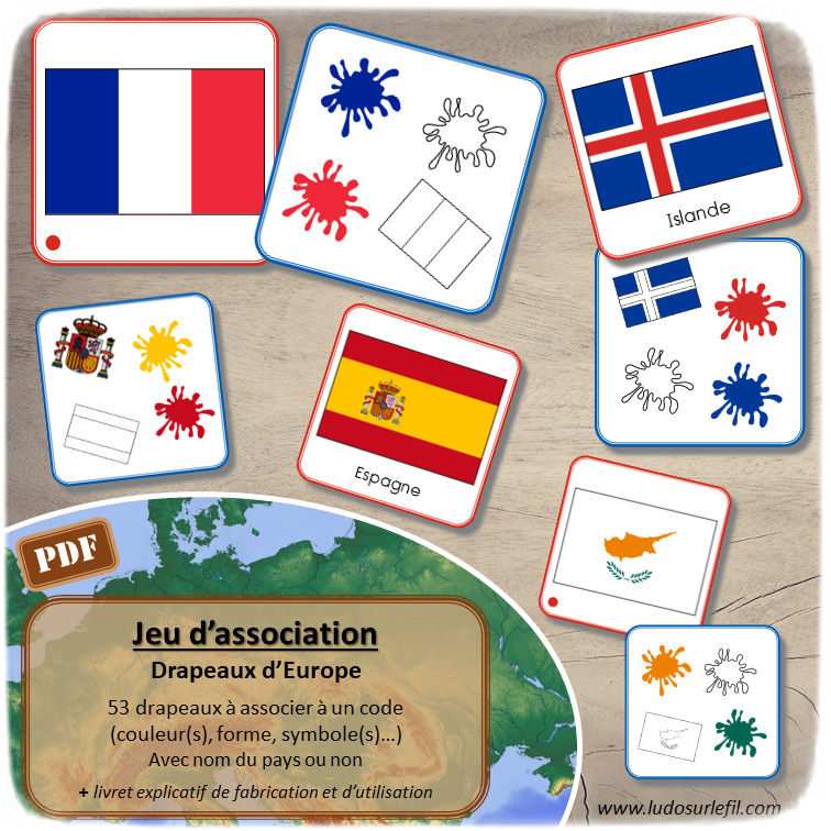 Jeu d'association - Drapeaux d'Europe - Géographie et pays - 53 cartes Drapeaux Europe à associer à 53 cartes Code (forme, couleurs, symbole) - atelier autocorrectif maternelle ou élémentaire - Cycle 1 ou 2 - Cartes avec noms des pays ou sans - - discrimination visuelle, observation, lecture de mots, connaissance des drapeaux et pays, rapidité - à télécharger et à imprimer ou jeu imprimé- lslf