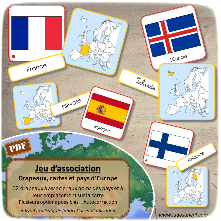 Jeu d'association - Drapeaux, carte, noms des pays d'Europe - Union Européenne, Espace Schengen et Royaume-Uni - Géographie et pays - 32 cartes Drapeaux Europe à associer à 32 cartes et 32 étiquettes Noms - atelier autocorrectif maternelle ou élémentaire - Cycle 1, 2 ou 3 - Cartes avec noms des pays ou sans - discrimination visuelle, observation, lecture de mots, connaissance des drapeaux et pays - à télécharger et à imprimer ou jeu imprimé- lslf