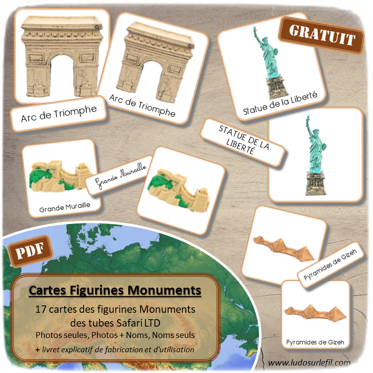 Jeu de cartes type Montessori (classifiées et de nomenclature) - Monuments du monde - Photos des figurines des tubes Safari Toobs - Autocorrection au dos (noms pour lecteurs, symboles pour non lecteur + pays et continent d'appartenance) - Document PDF à imprimer Gratuit - Géographie et pays - 17 cartes - Etiquettes Billets de lecture en script, cursif ou majuscule - atelier autocorrectif maternelle ou élémentaire - Cycle 1, 2 ou 3 - discrimination visuelle, observation, culture générale, lecture de mots - à télécharger et à imprimer - lslf