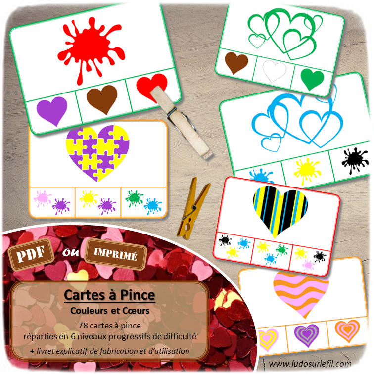 Jeu de cartes à pince sur les couleurs et les Coeurs - Pour la Saint Valentin ou toute autre occasion - 78 cartes réparties en 6 niveaux de difficulté - progressif - 1, 2, 3 couleurs - Coeurs et couleur ou deux coeurs différents - Autocorrection au dos - Atelier préscolaire et maternelle autonome - Thème amour et amitié - Support pédagogique - Document PDF à télécharger et imprimer ou jeu imprimé - Motricité fine et pince Pouce-Index avec pinces à linge - ludique - lslf