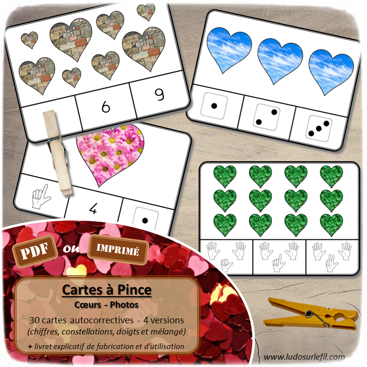 Jeu de cartes à pince de dénombrement de 1 à 15 - Thème Coeurs et Saint Valentin - Coeurs décorés de photos diverses - 30 cartes autocorrectives avec différentes représentations des nombres - constellations du dé, chiffres, doigts de la main, mélangé - compter de 1 à 15 - 120 cartes réparties en 4 niveaux de difficulté - progressif - Autocorrection au dos - Atelier autonome maternelle ou élémentaire - Cycles 1 et 2 - Document PDF à télécharger et imprimer ou jeu imprimé - Motricité fine et pince Pouce-Index avec pinces à linge - ludique - lslf