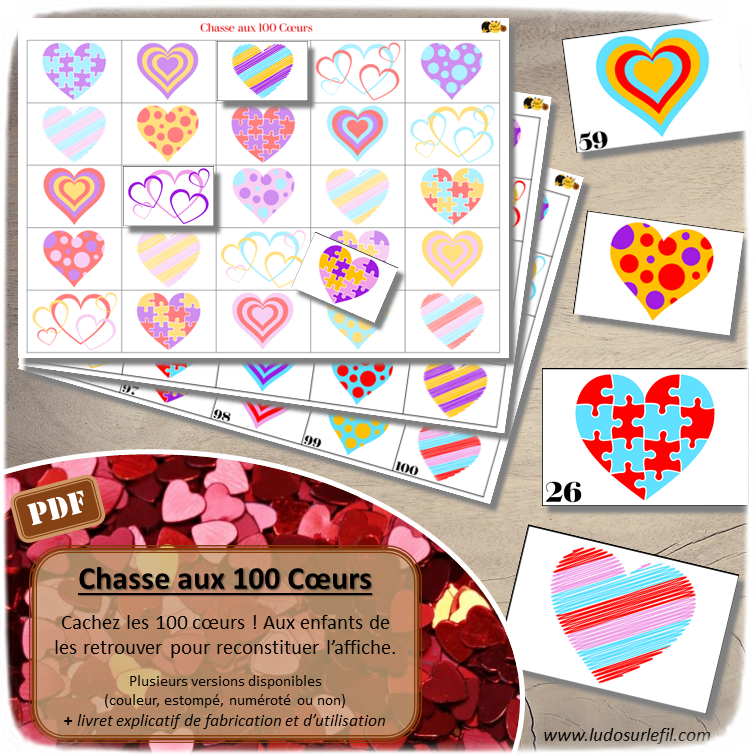 Chasse aux 100 coeurs - Jeu à télécharger et à imprimer - Couleurs et formes - chasse géante intérieure ou extérieure - Parfait pour la Saint-Valentin - Observation, discrimination visuelle, patience, connaissance des chiffres de 1 à 100 - recherche - couleurs - Format PDF - lslf