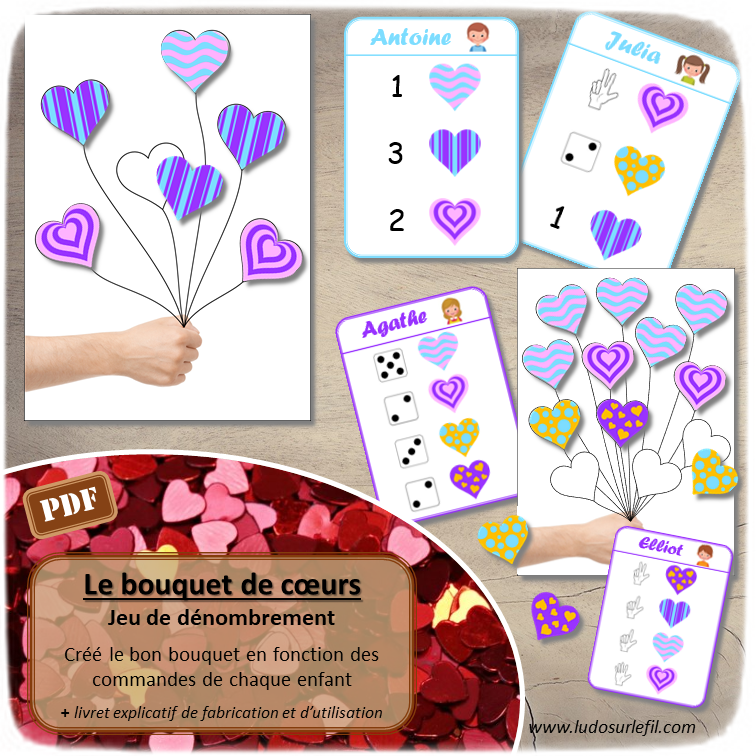 Le bouquet de ballons Coeurs - Jeu de dénombrement -créé le bon bouquet de ballons en fonction des commandes de chaque enfant - 2 niveaux - dénombrement de 1 à 5 - 2 méthodes d'autocorrection - différentes représentations des nombres (chiffres, constellations dé, doigts d'une main, mélangé) - Pour la Saint Valentin ou un thème sur l'amour ou l'amitié - Jeu et atelier autocorrectif et autonome maternelle - mathématiques - PDF à télécharger et à imprimer - Cycle 1 - Vocabulaire - lslf