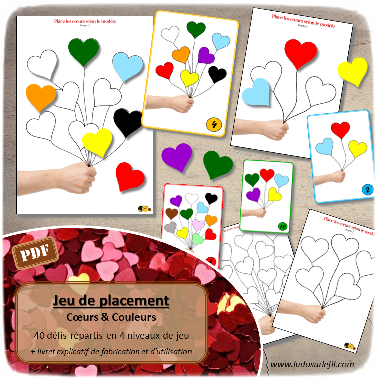 Jeu de placement et reproduction de modèles - Coeurs et couleurs - Bouquet de ballons Coeur pour fêter la Saint Valentin - Jeu à télécharger et à imprimer - Repérage dans l'espace et connaissances des couleurs - 40 défis répartis en 4 niveaux progressifs - Observation, discrimination visuelle - Format PDF - atelier autonome Maternelle et préscolaire - lslf