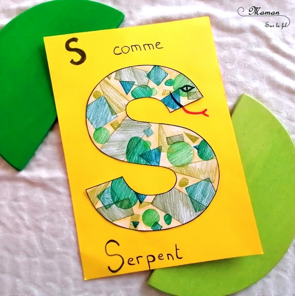 Abécédaire créatif - S comme Serpent Slalom et Ski - activité manuelle enfants - dessin, formes géométriques au pochoir, crayons de couleur, collage drapeau- apprentissage lettres alphabet - maternelle - Alphabets lettres creuses gratuit - mslf