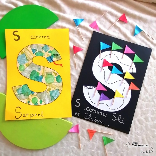 Abécédaire créatif - S comme Serpent Slalom et Ski - activité manuelle enfants - dessin, formes géométriques au pochoir, crayons de couleur, collage drapeau- apprentissage lettres alphabet - maternelle - Alphabets lettres creuses gratuit - mslf