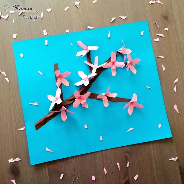 Créer une branche de cerisier japonais Sakura en origami - Papier : découpage, froissage, pliage - Branche et fleurs roses - Japon et Asie - Chine - Découverte d'un pays autour du monde - activité créative enfants - Bricolage Printemps - Tutoriel - Arts visuels maternelle - mslf