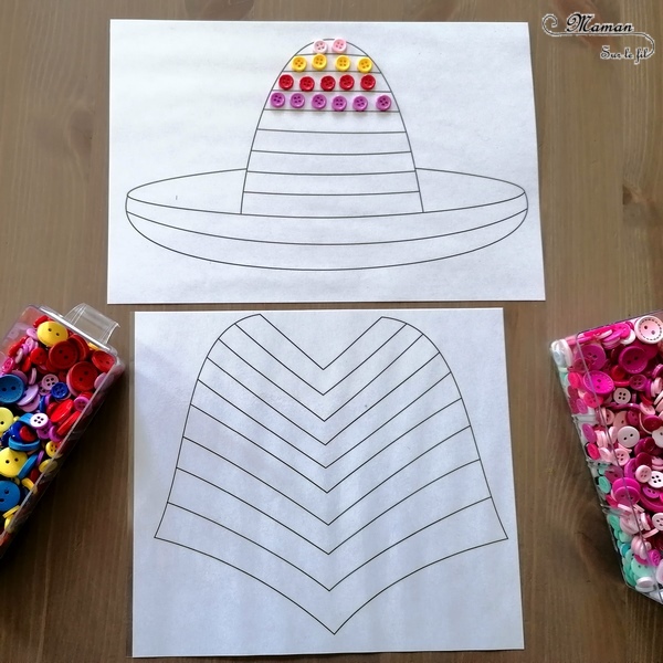 Activité créative enfants - Colorier un poncho et sombrero mexicains avec des boutons - Motricité fine, art éphémère, patience et précision Pince et préhension doigts - Créativité - Amérique du Nord et Mexique - Découverte d'un pays - Espace et géographie - arts visuels et atelier maternelle et Cycle 1 et 2 - Eté - mslf