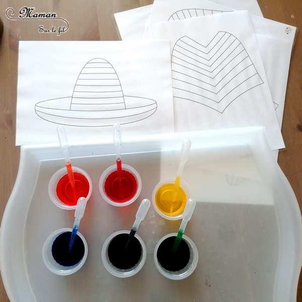 Activité créative enfants - Colorier un poncho et sombrero mexicains avec des gouttes eau colorées - Motricité fine, art éphémère, patience et précision - Pipettes et encre - Pince et préhension doigts - Créativité - Amérique du Nord et Mexique - Découverte d'un pays - Espace et géographie - arts visuels et atelier maternelle et Cycle 1 et 2 - Eté - mslf