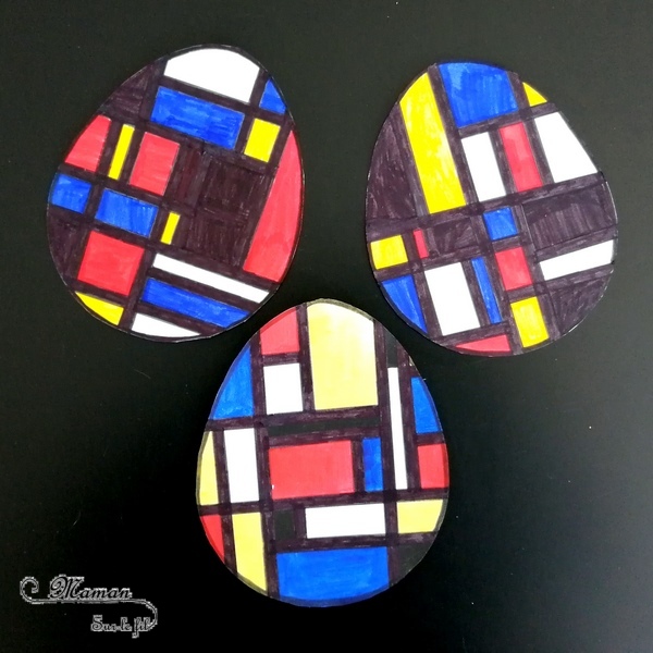 Activité créative enfants - Oeufs de Pâques à la façon de Mondrian - A la manière de - Peinture et coloriage au masking-tape - Géométrie - Perpendiculaires et parallèles - Travail sur les couleurs primaires - Découverte d'un artiste - technique Peinture ludique Utilisation de la règle - Bricolage de Pâques - Œufs décorés peints - Arts visuels maternelle ou cycle 2 - Chasse - mslf