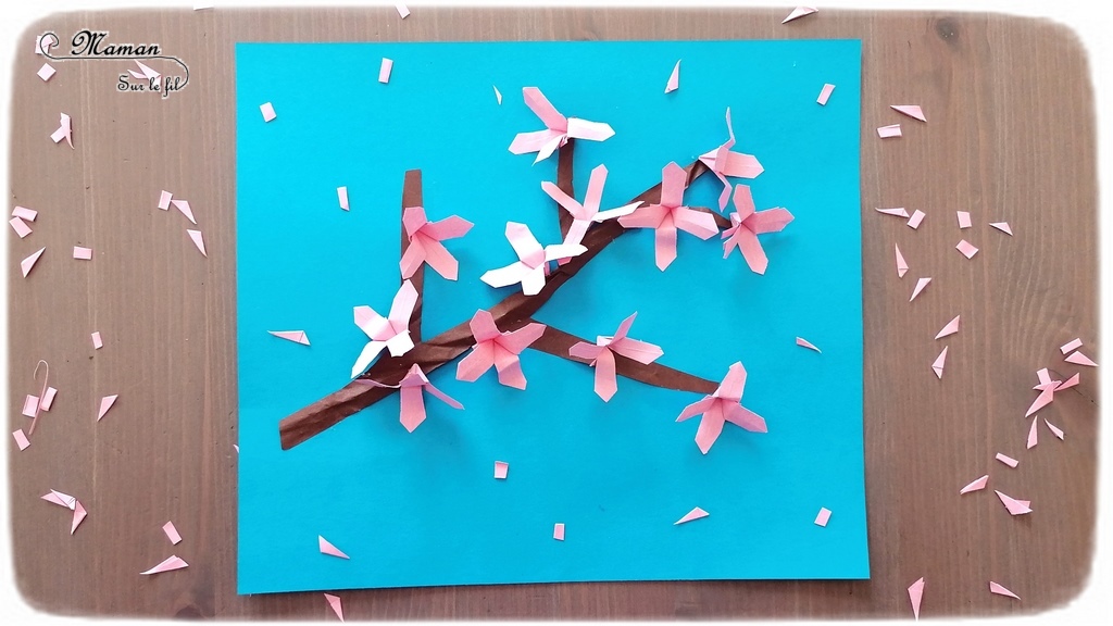 Créer une branche de cerisier japonais Sakura en origami - Papier : découpage, froissage, pliage - Branche et fleurs roses - Japon et Asie - Chine - Découverte d'un pays autour du monde - activité créative enfants - Bricolage Printemps - Tutoriel - Arts visuels maternelle - mslf