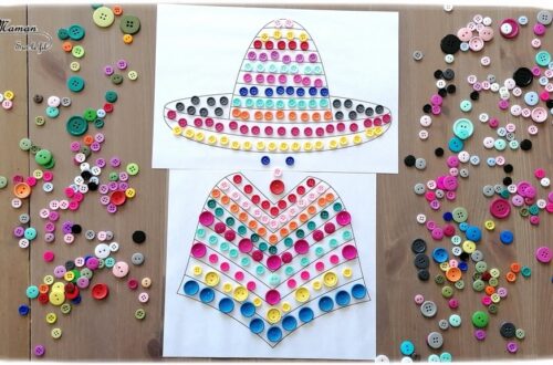 Activité créative enfants - Colorier un poncho et sombrero mexicains avec des boutons - Motricité fine, art éphémère, patience et précision Pince et préhension doigts - Créativité - Amérique du Nord et Mexique - Découverte d'un pays - Espace et géographie - arts visuels et atelier maternelle et Cycle 1 et 2 - Eté - mslf