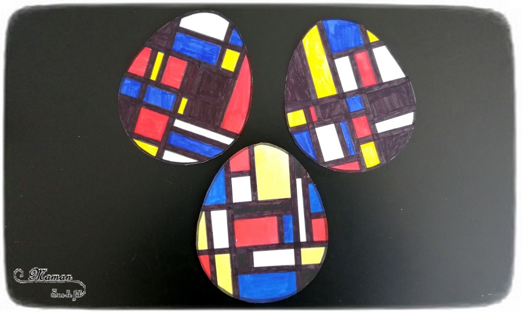 Activité créative enfants - Oeufs de Pâques à la façon de Mondrian - A la manière de - Peinture et coloriage au masking-tape - Géométrie - Perpendiculaires et parallèles - Travail sur les couleurs primaires - Découverte d'un artiste - technique Peinture ludique Utilisation de la règle - Bricolage de Pâques - Œufs décorés peints - Arts visuels maternelle ou cycle 2 - Chasse - mslf