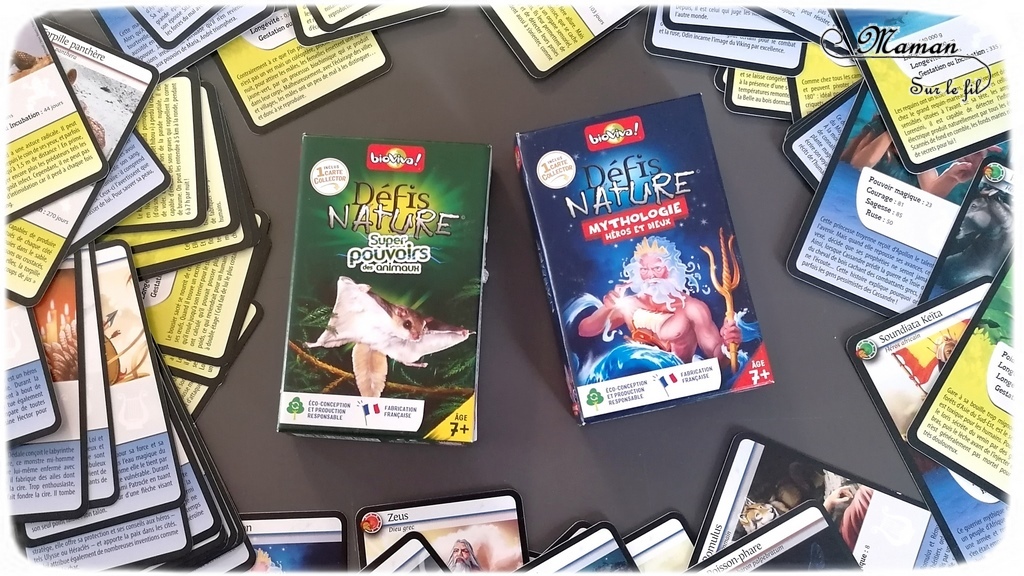 Jeu de société enfants - Test avis des défis nature de bioviva - Nouveautés : Super pouvoirs des animaux et Mythologie Héros et dieux - jeu de cartes bataille autour des animaux, nature, science, géographie - fabrication française mslf