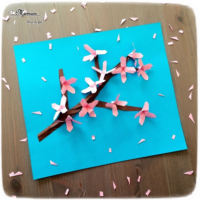 Créer une branche de cerisier japonais Sakura en origami - Papier : découpage, froissage, pliage - Branche et fleurs roses - Japon et Asie - Chine - Découverte d'un pays autour du monde - activité créative enfants - Bricolage Printemps - Tutoriel - Arts visuels maternelle - mslf