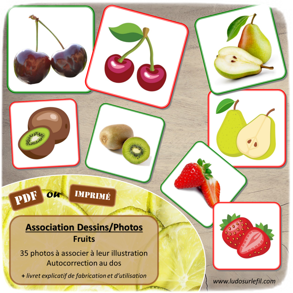 Jeu association Photos Dessins - Fruits - Classiques, exotiques, à coque... - Photos à associer à leur illustration - Discrimination visuelle, vocabulaire, lexique - document PDF à télécharger et à imprimer ou jeu imprimé - atelier autocorrectif et autonome maternelle - lslf