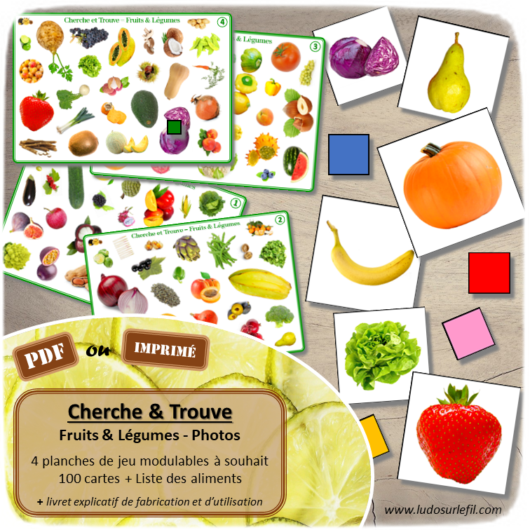 Cherche et Trouve - Fruits et Légumes - Photos - Lynx - Classiques, locaux, exotiques, à coque, féculents, ... - Potager et aliments - Photos sur fond blanc - 4 planches pour un plateau modulable à souhait et différents niveaux de jeu - jusqu'à 100 cartes à trouver - jeu observation et rapidité - PDF à télécharger et à imprimer ou jeu imprimé - atelier maternelle - Noms des Aliments - Printemps - lslf