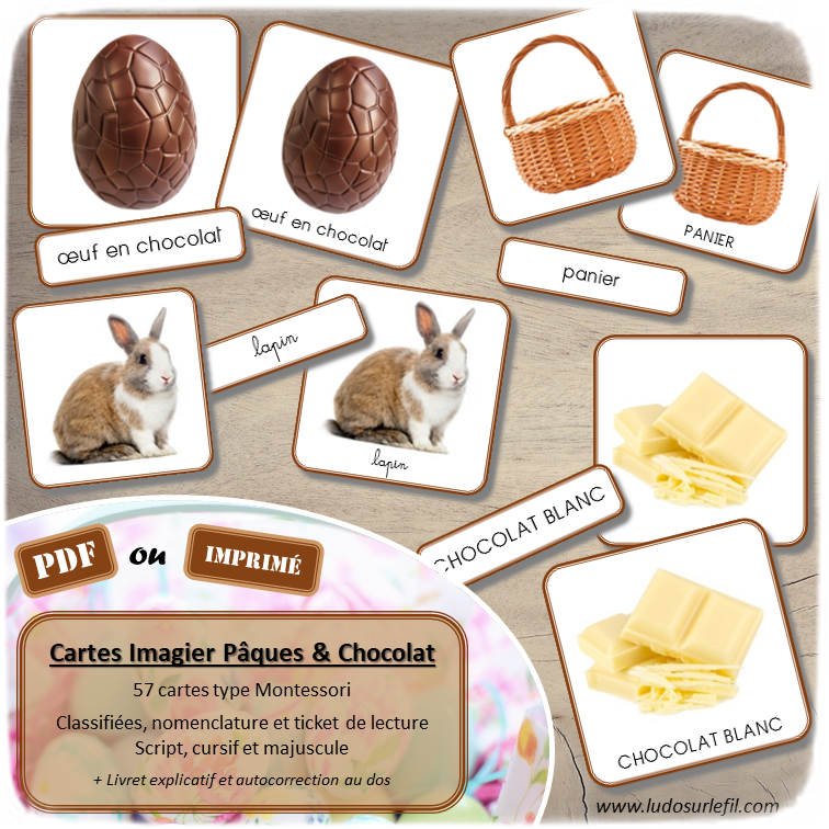 Jeu de cartes type Montessori (classifiées et de nomenclature) - Imagier Pâques et Chocolat - Gourmandises, cacao, chocolat, objets, traditions, fleurs et nature, animaux... - connus et moins connus - Photos sur fond blanc dans la mesure du possible - Autocorrection au dos (noms pour lecteurs, symboles pour non lecteurs) - 3 graphies disponibles - Script, majuscule, cursif - Document PDF à télécharger et imprimer ou jeu imprimé - Classification - 57 cartes - Tickets de lecture - atelier autocorrectif maternelle élémentaire - Cycle 1 ou 2 - discrimination visuelle, observation, culture générale, lecture de mots, langage oral, lexique - lslf