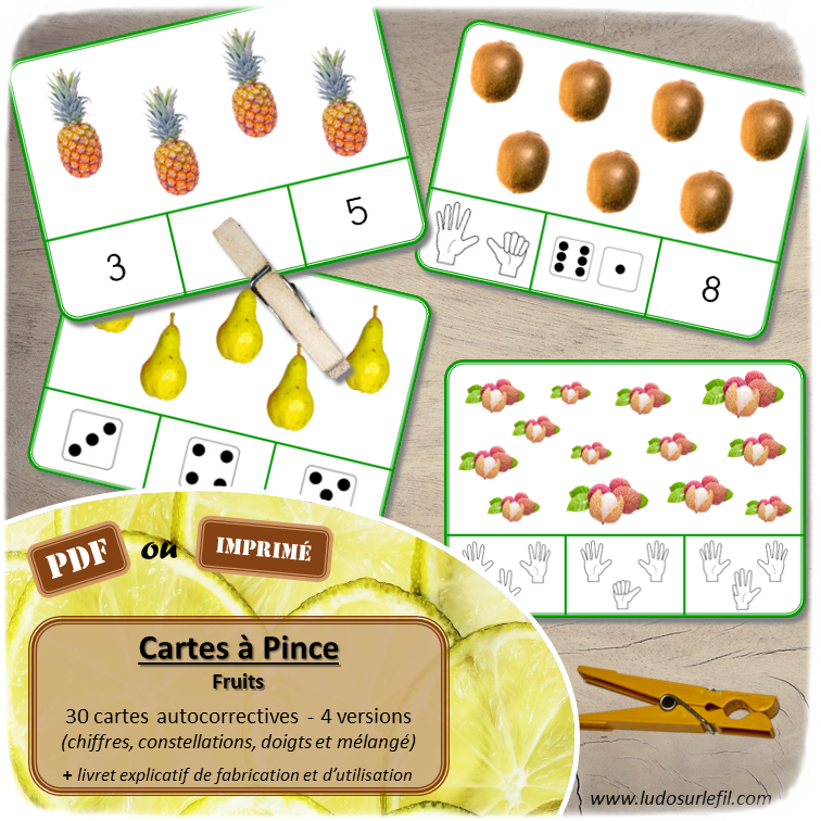 Jeu de cartes à pince de dénombrement de 1 à 15 - Thème Fruits, potager et printemps - 30 cartes autocorrectives avec différentes représentations des nombres - constellations du dé, chiffres, doigts de la main, mélangé - compter de 1 à 15 - 120 cartes réparties en 4 niveaux de difficulté - progressif - Autocorrection au dos - Atelier autonome maternelle ou élémentaire - Cycles 1 et 2 - Document PDF à télécharger et imprimer ou jeu imprimé - Motricité fine et pince Pouce-Index avec pinces à linge - ludique - lslf