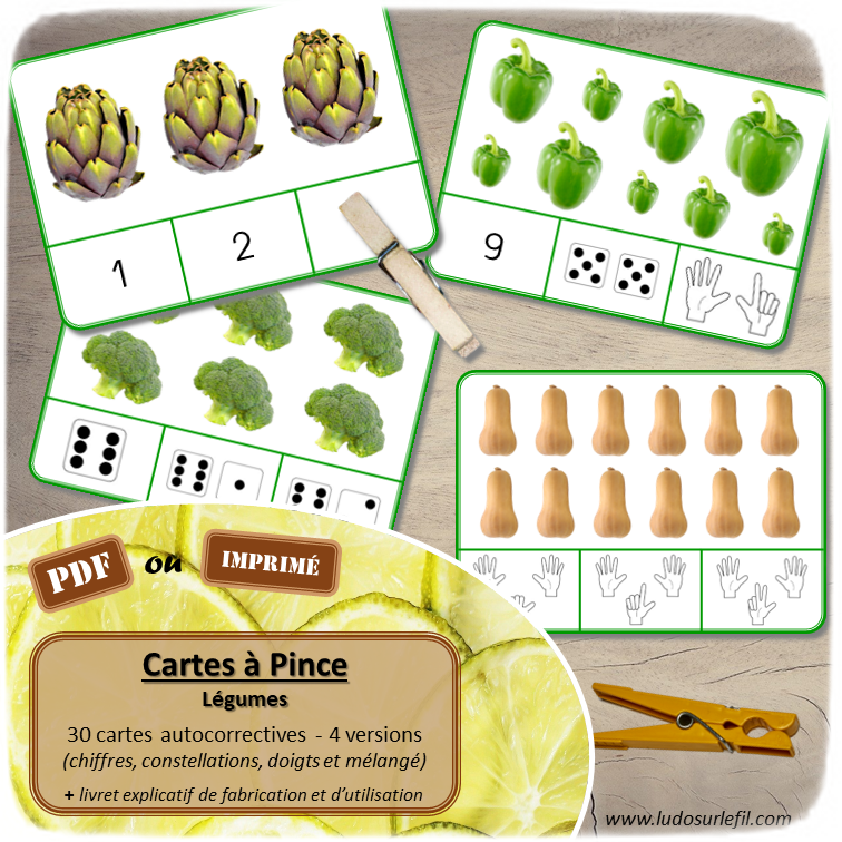 Jeu de cartes à pince de dénombrement de 1 à 15 - Thème Légumes, féculents, potager et printemps - 30 cartes autocorrectives avec différentes représentations des nombres - constellations du dé, chiffres, doigts de la main, mélangé - compter de 1 à 15 - 120 cartes réparties en 4 niveaux de difficulté - progressif - Autocorrection au dos - Atelier autonome maternelle ou élémentaire - Cycles 1 et 2 - Document PDF à télécharger et imprimer ou jeu imprimé - Motricité fine et pince Pouce-Index avec pinces à linge - ludique - lslf