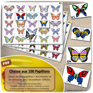 Chasse aux 100 papillons - Chasse géante - Discrimination visuelle, patience - Thème printemps et insectes - Jeu à télécharger et à imprimer - Format PDF - lslf