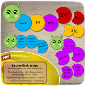 La chenille du temps - Jeu et document pédagogique pour travailler différentes compétences autour du temps - date, jours de la semaine, mois de l'année, correspondance graphies (cursif, script, majuscule) - Affichage ou cartes à manipuler - lsfl