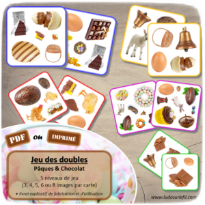 Jeu des doubles - Pâques & Chocolat : gourmandises, traditions, nature, objets, animaux, décorations, chocolat, cacao - 5 niveaux progressifs (3 4 5 6 ou 8 images) - Dobble - jeu pour travailler la discrimination visuelle, la rapidité l'observation et le lexique / vocabulaire autour de Pâques et du chocolat - Document PDF à télécharger et à imprimer ou jeu imprimé - lslf