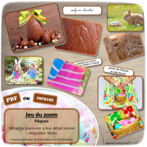 Jeu du zoom - Pâques - Traditions, symboles, chocolats et autres gourmandises, décorations, animaux, nature... - cartes classifiées à associer aux détails - Loupe - Etiquettes noms et phrases pour alternative ludique aux cartes de nomenclature - Autocorrection au dos avec symboles, noms - document PDF à télécharger et à imprimer ou jeu imprimé - atelier autonome maternelle - vocabulaire et connaissances - lecture mots - discrimination visuelle - Thème Pâques, printemps - lslf