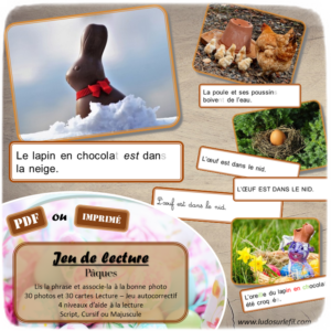 Jeu de lecture - Pâques - Lis les cartes et associe-les à la bonne photo - Lecture de phrases, fluence et compréhension de l'écrit - 4 niveaux d'aide à la lecture - Poules, oeufs, poussins, lapins, cloches - Lexique et Vocabulaire - Atelier autocorrectif apprentissage lecture - Cycle 2 - 30 photos - Disponible en 3 graphies : script, cursif, majuscule - PDF à télécharger et à imprimer ou jeu imprimé - Atelier autonome - lslf